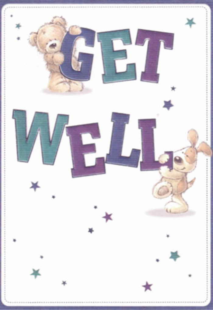Artfully illustrated with gentle ease, this get well card offers a vision of comfort and camaraderie, set against Cranford's calm, welcoming backdrop. The centrepiece is a touching tableau: a cuddly bear, fur like gently brushed velvet, and an effervescent puppy with floppy ears exchange warm glances, as if sharing secret encouragement. Playful bursts of star-shaped sparkles drift across the scene in cool blues and cloudy violets, evoking the soft promise of brighter days ahead on local walks through Cranford Park. Bold, confident lettering in layers of purple and aqua anchors the supportive message, its rounded forms as inviting as a well-made bouquet set on a windowsill. The tactile rendering makes one almost feel the plush fur and wagging tail, conjuring the soothing reassurance of a hug after a hard day. In the hands of a local florist, this card might accompany a bouquet arranged with as much care, each petal and pose echoing the innocence and heartfelt encouragement of the artwork-a small act of compassion radiant with Cranford's spirit.
