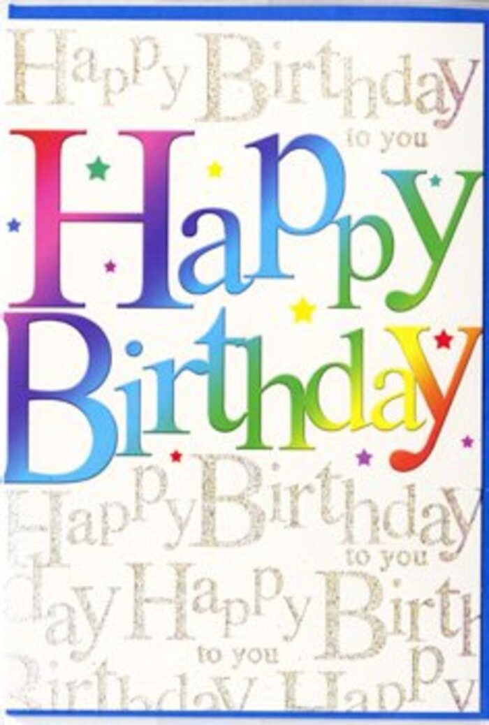 The birthday card in this image offers the visual equivalent of a cheerful toast, full of colour and quiet sparkle, as if designed for a joyful gathering near Cranford Park. Dominating the front is the message Happy Birthday, written in large, confident letters that arch gently across the card. Each letter is filled with a smooth gradient of rainbow hues, shifting seamlessly from rich crimson and berry pink through cool violet and ocean blue, and into lush green and warm amber. The colours are saturated but not harsh, evoking the careful blending you'd see in a professionally arranged bouquet-tones that complement rather than compete. Around the main message, small stars and flecks of colour are scattered like light confetti, adding movement and a sense of fun without overwhelming the design. Behind all of this energy lies a creamy white background, almost completely covered in repeated lines of Happy Birthday to you in delicate, looping gold script. The handwriting-style font is fine and elegant, creating a soft, shimmering pattern that catches the light much like the subtle gleam of ribbon on a wrapped gift from a Cranford high street shop. The gold has a metallic finish that suggests a faint texture, though the surface looks smooth and refined overall. The composition feels thoughtful and layered: bold rainbow letters in the foreground, a chorus of golden birthday wishes in the background, the two working together like melody and harmony. It's the sort of card someone in Cranford might choose alongside a bright, mixed bouquet to make a loved one's special day feel genuinely celebrated.