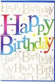 This birthday card design radiates upbeat celebration, the kind you might associate with a lively family get-together in Cranford on a sunny afternoon. Front and centre, the words Happy Birthday sweep across the card in generous, chunky letters, each one filled with a luminous gradient of colour. Deep cherry reds slide into rose pink, then drift into royal blue, turquoise, fresh grass green, and finally warm gold and lemon yellow, giving the impression of a rainbow stretched across the front. The transitions are velvety and smooth, like carefully blended flower shades in a festive arrangement. Around the main lettering, tiny stars and subtle, colourful specks are scattered here and there, suggesting confetti fluttering down at the end of a toast. The background itself is a gentle, creamy white, but it's richly overlaid with repeating lines of Happy Birthday to you written in fine, looping gold script. This script forms a soft, shimmering pattern, catching the light in a way that feels elegant rather than flashy-more like the sheen of high-quality gift wrap than loose glitter. The interplay between the bold rainbow letters and the delicate golden writing creates depth and interest, with the message clearly in focus while the golden words hum quietly behind like a chorus of well-wishers. The card's finish appears smooth and slightly reflective, giving it a polished, premium feel you might expect to find on display in a Cranford florist's window, ready to be paired with a bright bouquet and delivered as part of a thoughtful birthday surprise.
