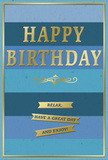 A sophisticated blue and gold birthday card is shown upright, radiating calm celebration much like a quiet morning walk past the trees around Cranford Park. The background is composed of wide horizontal stripes, each in a slightly different shade of blue, shifting gradually from deep navy at the bottom through denim and teal to a soft, sky-like tone near the top. This gentle ombre effect creates a sense of depth and tranquility, as though you are looking across a peaceful horizon. In the centre, the words HAPPY BIRTHDAY appear in bold, embossed gold capital letters, their metallic surface gleaming softly when the light catches them. The raised texture of the text suggests a quality finish, with each letter clean and sharply defined. Just below the main greeting, a delicate golden flourish curls in a balanced, ornamental design, lending the card a touch of classic elegance reminiscent of traditional stationery found along Cranford's local high street. Further down, three narrow golden banners span the width of the card, each carrying part of a friendly birthday wish: Relax, have a great day and enjoy! The banners are evenly spaced and set against the calming blues, making the message easy to read and warmly reassuring. A thin gold border encloses the entire design, quietly framing the artwork and giving it a sense of completion. The contrast between the smooth, matte blues and the reflective gold details creates a pleasing interplay of textures. It feels like the perfect companion to a hand-delivered birthday bouquet in Cranford, inviting the recipient to pause, breathe, and enjoy their special day.